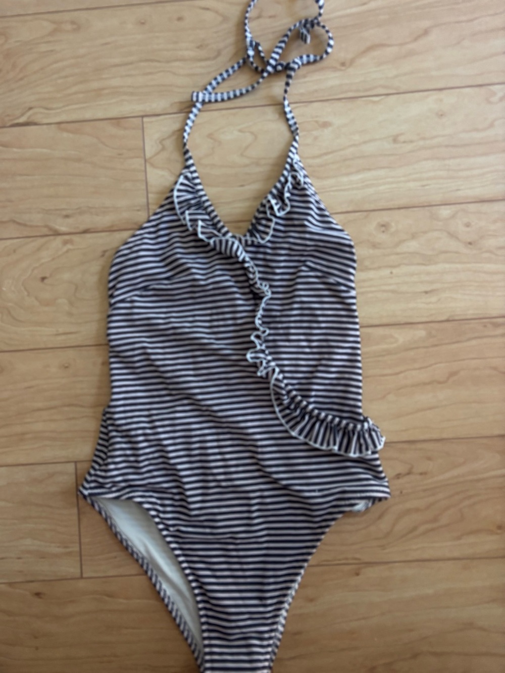 SOLID & STRIPED Black and White Striped Ruffle One-Piece Swimsuit